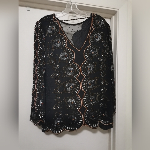 Oleg Cassini Vintage Beaded Sequined Silk Blouse - Picture 2 of 5